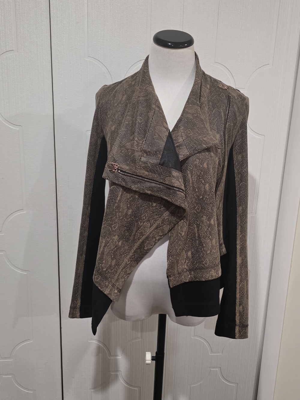 RACHEL Rachel Roy Brown Snake-Print Draped Jacket with Black Panels